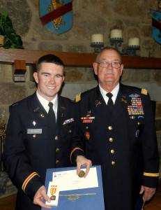 MAJ James Adams with GSDF Chief of Staff COL Rusty Hightower in the Great Room of the Hoag Student Center.