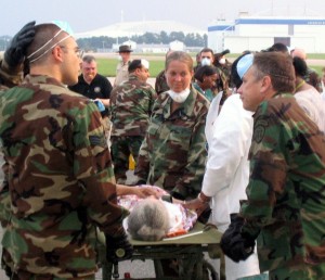 DOBBINS, ARB, Ga. September 3, 2005 – Medical teams of the Georgia State Defense Force assess evacuees from New Orleans. Georgia Army National Guard photo by Staff Sgt. Gail Parnelle